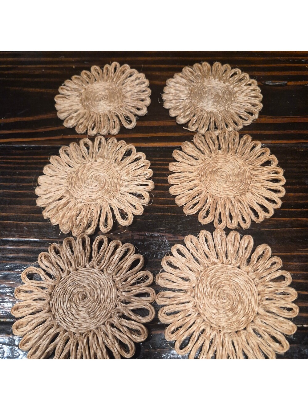Vintage 1970s Boho Chic Woven Natural Fiber Sun Flower Drink Coasters Set 1320